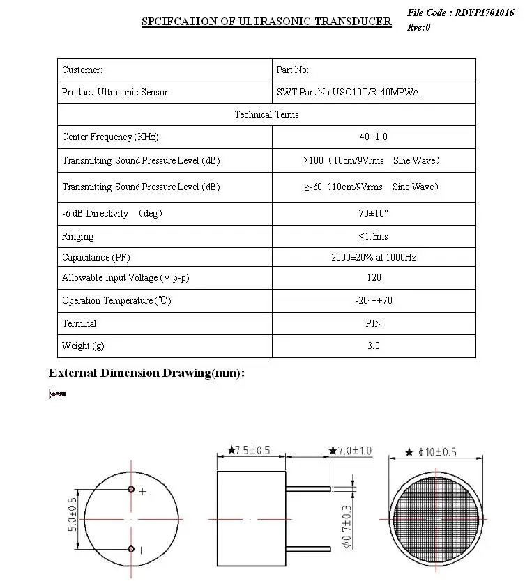 Ultrasonic Sensor 10mm 40khz Piezo Ultrasonic Transmitter And Receiver Long Distance Measuring