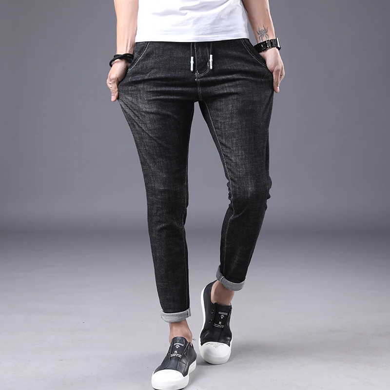 Summer Men's Denim Jeans String Pants Pure Black Simple Fashion Rope ...