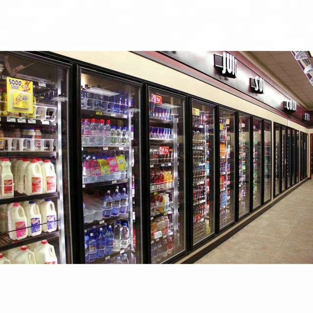Freezer/cooler glass door in supermarket