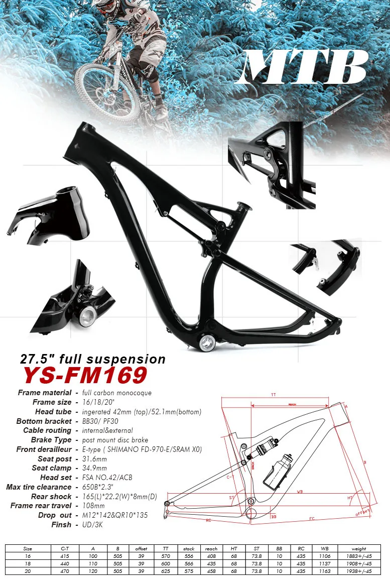 Yishunbike Good 27.5" Full Suspension Carbon 650b Mountain Bike Frame