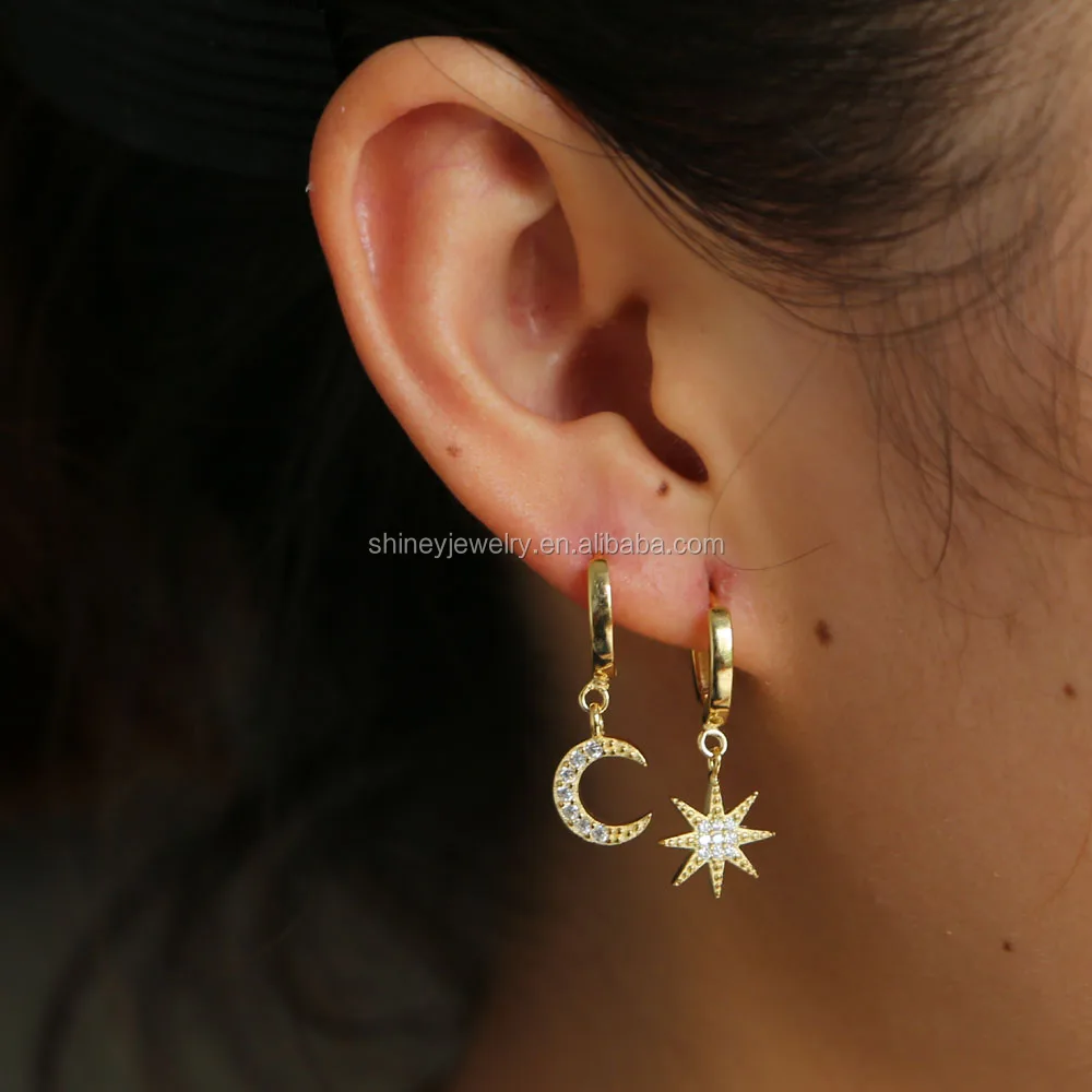 2018 Christmas gift asymmetry moon star charm ear jewelry dangle 925 sterling silver jewelry earring