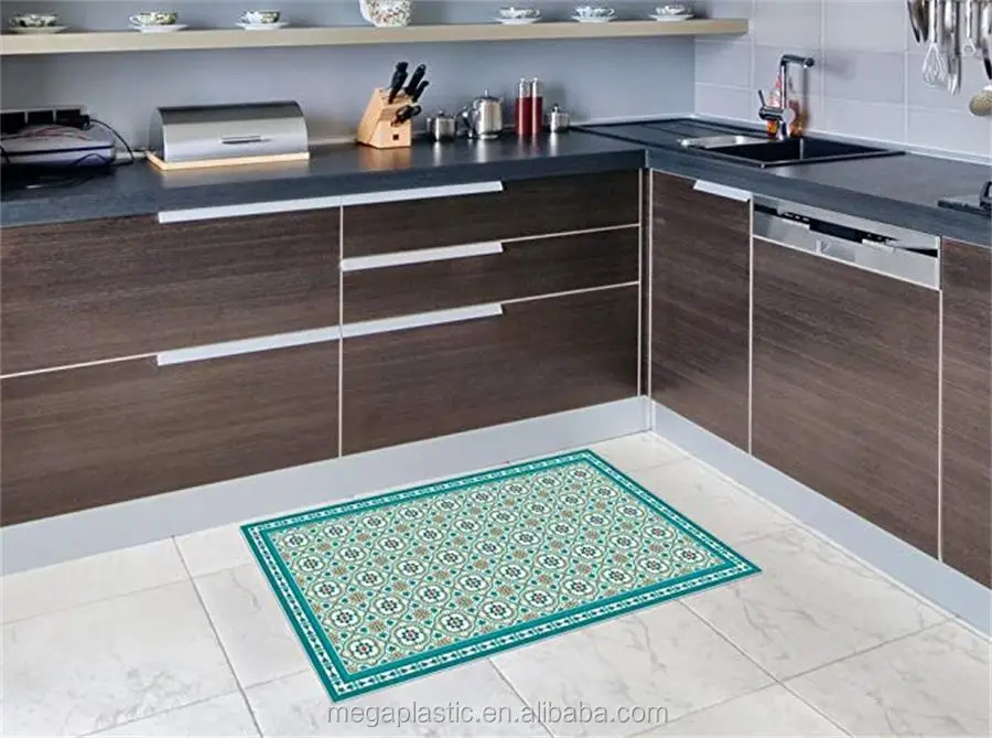 Printed Turquoise Pvc Mat With Vintage Tiles Design Linoleum Area Rug Vinyl Floor Kitchen Mat View Vinyl Floor Mats Megaflor Product Details From