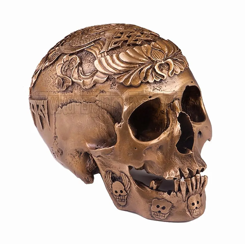 Handmade Fine Bronze Casting 1:1 Kapala Carved Human Skull Tibetan Buddhism Scripture Fish Tai Chi OD94