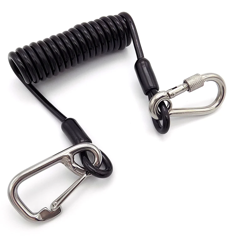 3.0mm Black Spiral Coil Safety Fishing Lanyard with 2 Carabiners