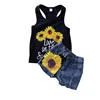 2018 summer new Casual child girl clothes Set Black printed sleeveless vest + denim shorts kid girl clothing outfit