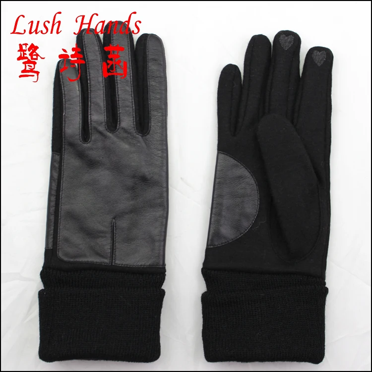 Fashion long lady touch screen Leather and woolen joining together gloves with knit cuff