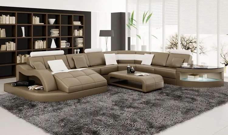 Guangzhou home furniture 7 seater sectional leather sofa with led light