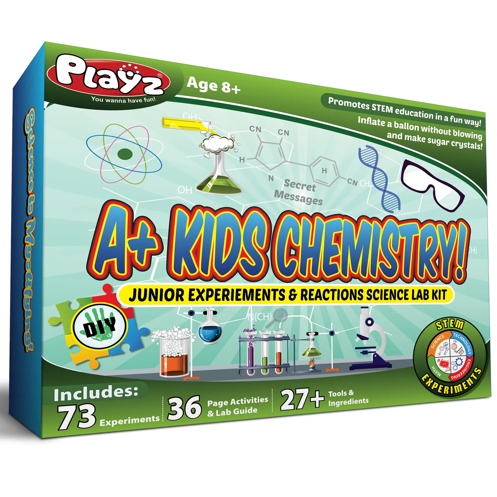Playz STEM A+ Kids Chemistry Junior Experiments & Reactions Science Lab Kit - 32+ Experiments, 36 Page Laboratory Guide, and 27+ Tools & Ingredients for Boys, Girls, Teenagers, Kids