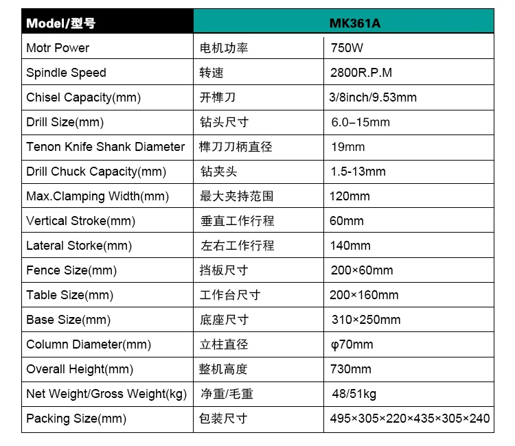 Fusai 750W wood square slot mortise and tenon machine MK361A