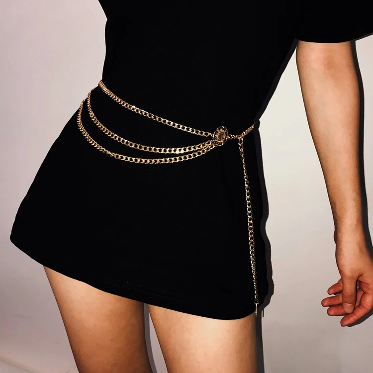 Women Fashion Chain Belt Hip High Waist Gold Belt Narrow Metal Chain