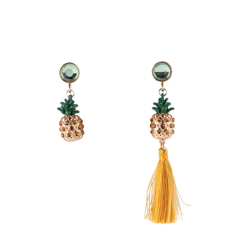 Bohemian Rhinestones Crystal Asymmetry Pineapple Long Tassel Dangle Earrings Fruit Jewelry