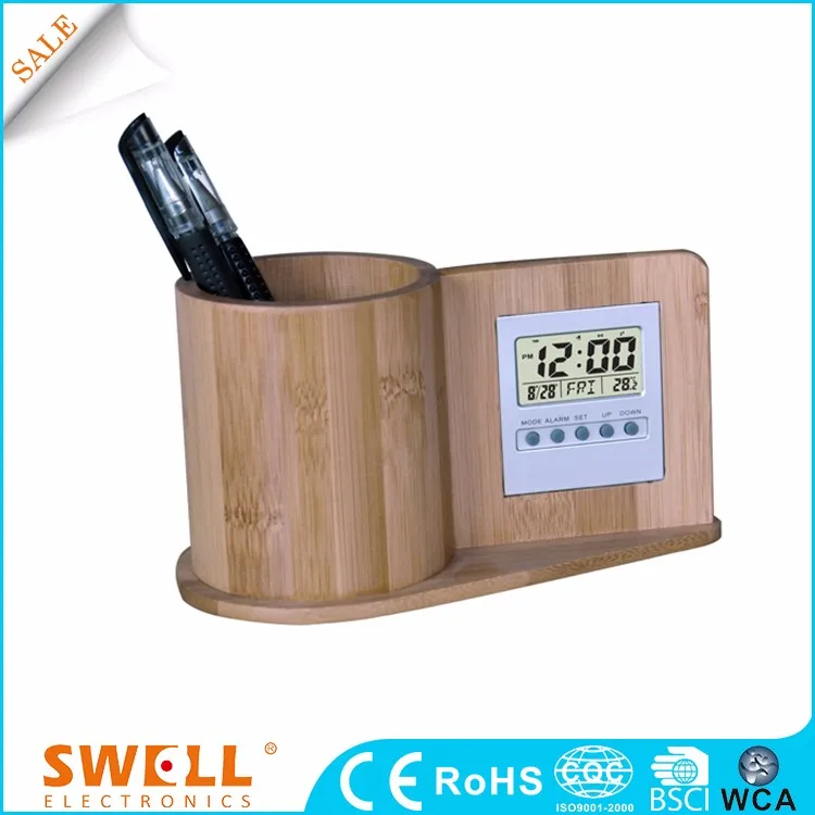 Wood Digital Pen Holder Stand Alarm Clock,Pen Clock Holder With Clock