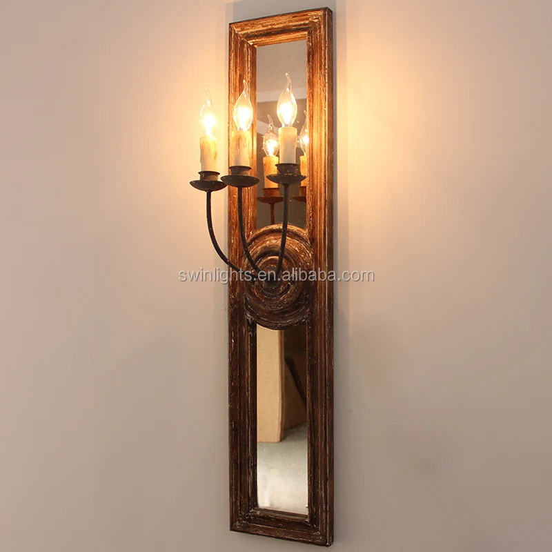Classic Design Wooden Frame Wall Sconce Antique Mirror Decorative Wall