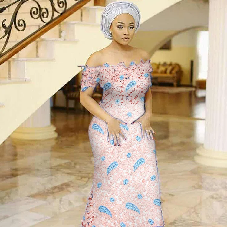Catherine Wholesale Handmade Pink African Wedding Dress Swiss Lace