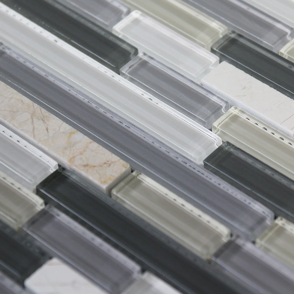 Strip white marble stone and glass mosaic interior wall home decor