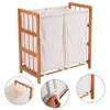 White dirty clothes storage wooden double bag laundry hamper