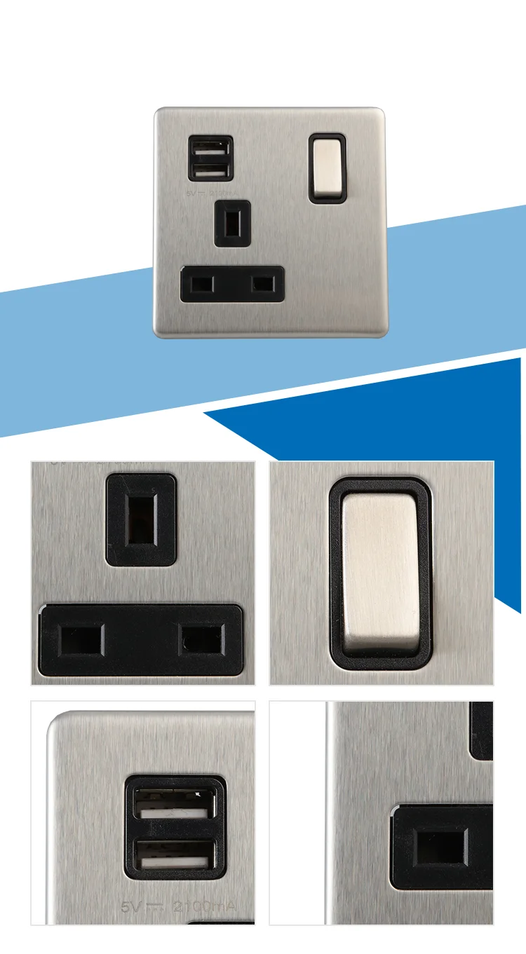 Hailar UK standard brushed chrome 1 gang switched power socket with usb charger