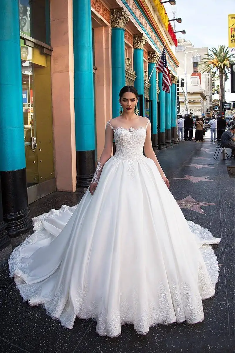 Zh3490g Satin Wedding Dresses Long Sleeve Lace Applique Sheer