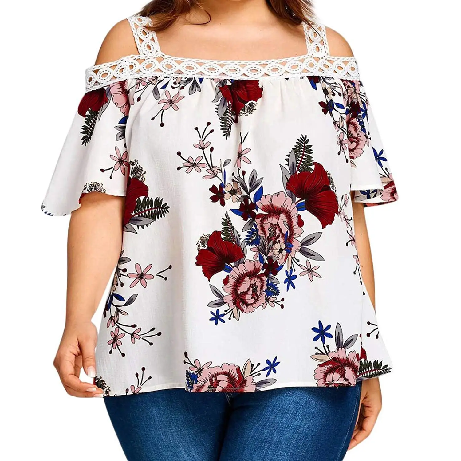 Jinjin Womens Blouse, Womens Plus Size Lace Floral Print Tops Short Sleeve Blouse T-Shirt