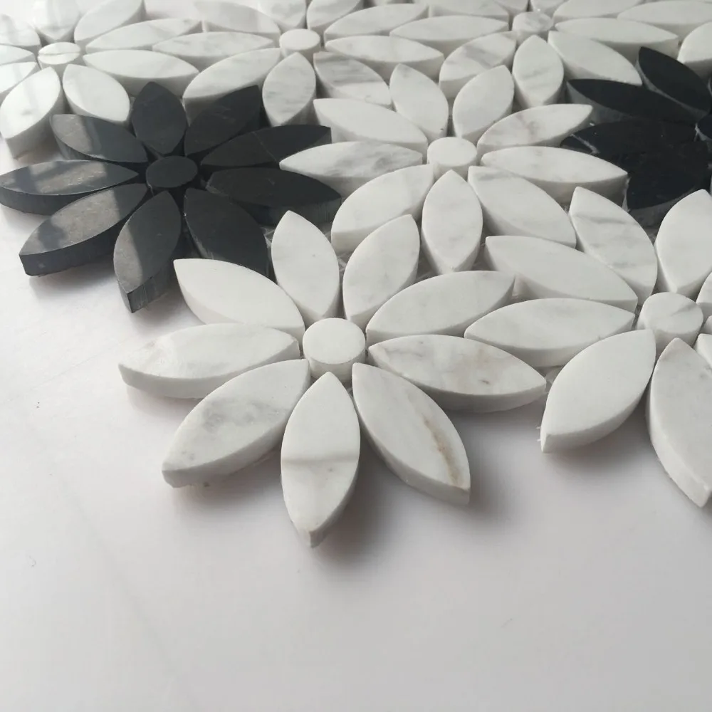 L&p Mosaic Lsf303 White And Black Flower Marble Premium Mosaic Tile For ...