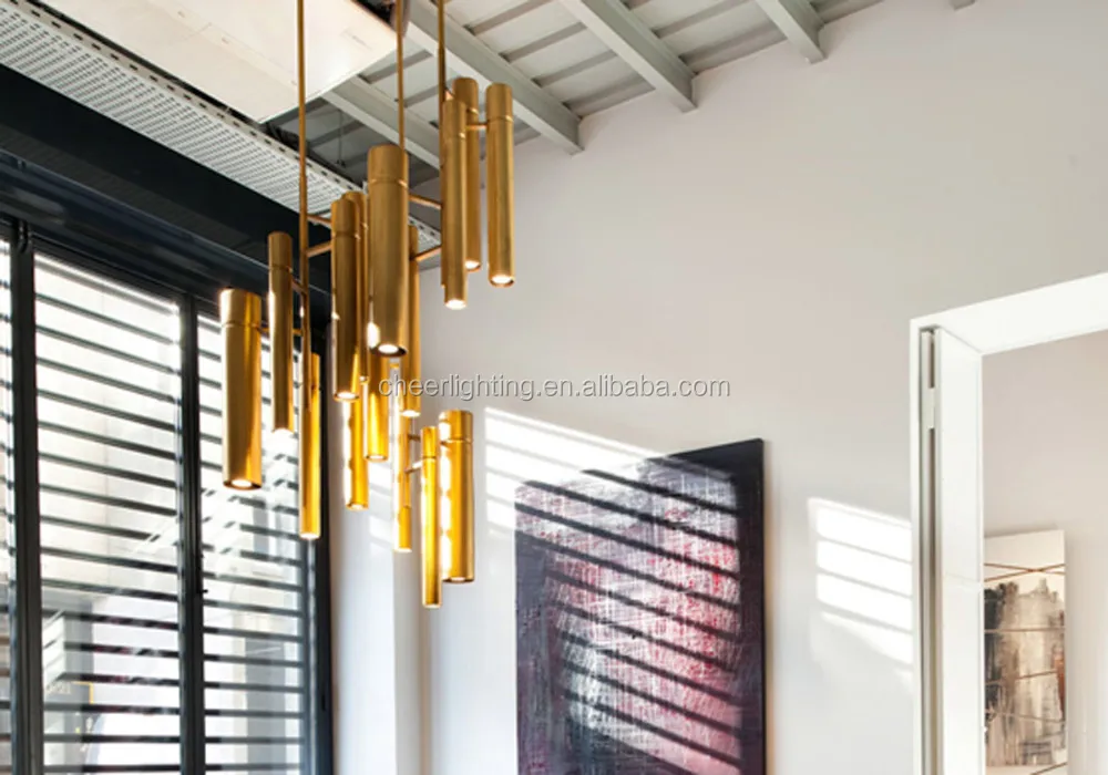 Modern Hotel Project Hospitality Lighting Brass Tubular Chandelier
