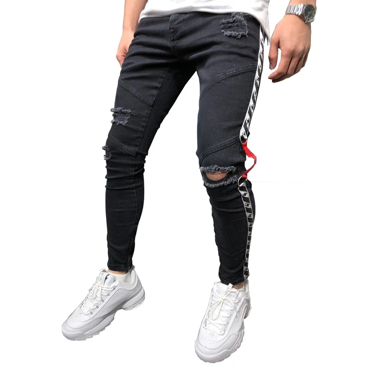 2019 Men Streetwear Ripped Jeans New Fashion Hip Hop Side Striped Jeans Fitted Bottoms Zipper Men Jeans Trouser!