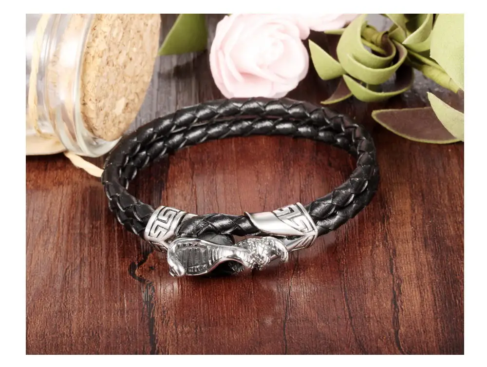 Wholesale Punk Style Men Double Braided Black Leather Snake Head Bracelet