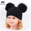 Hot sale children's knit hat autumn winter baby outdoor warm hats with two natural fox fur pompon balls