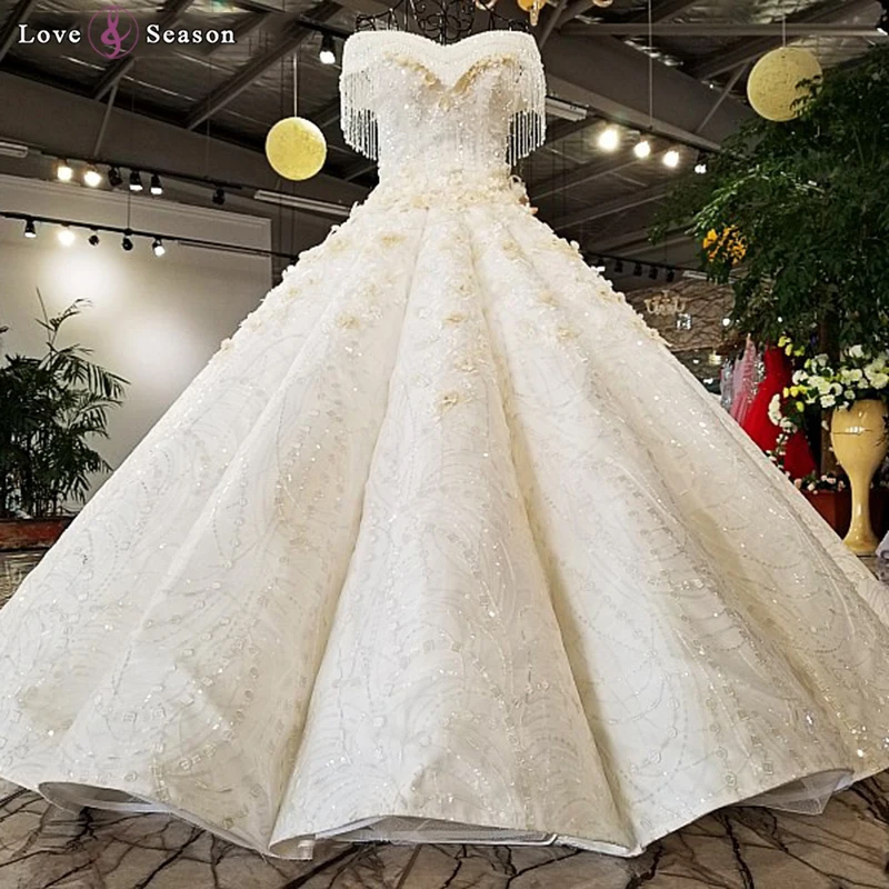 Ls74855 Off Shoulder Puffy Skirt Wedding Dress Sweetheart Golden