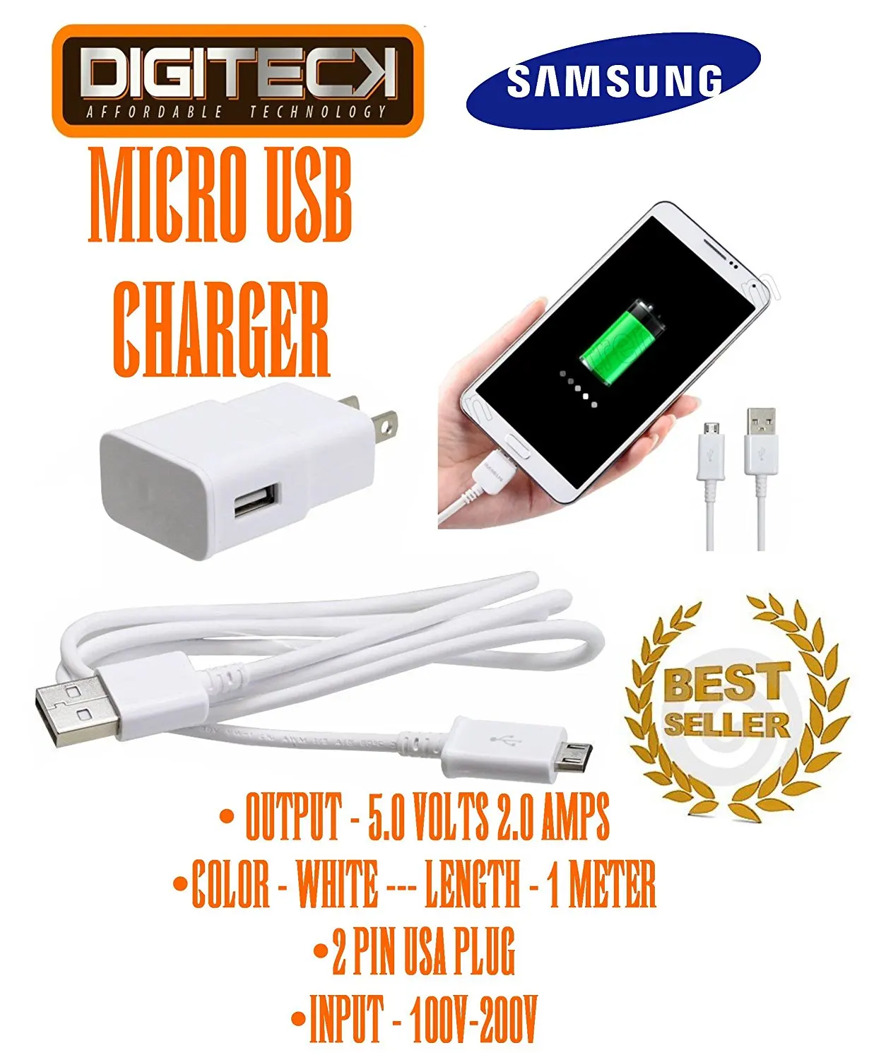 SAMSUNG GALAXY 2.0 MICRO USB WALL CHARGER 1 METER WHITE USA 2 PIN 5V 2A