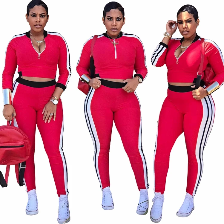 Round Neck White Stripe Red Sports Tracksuit For Women - Buy Tracksuit ...