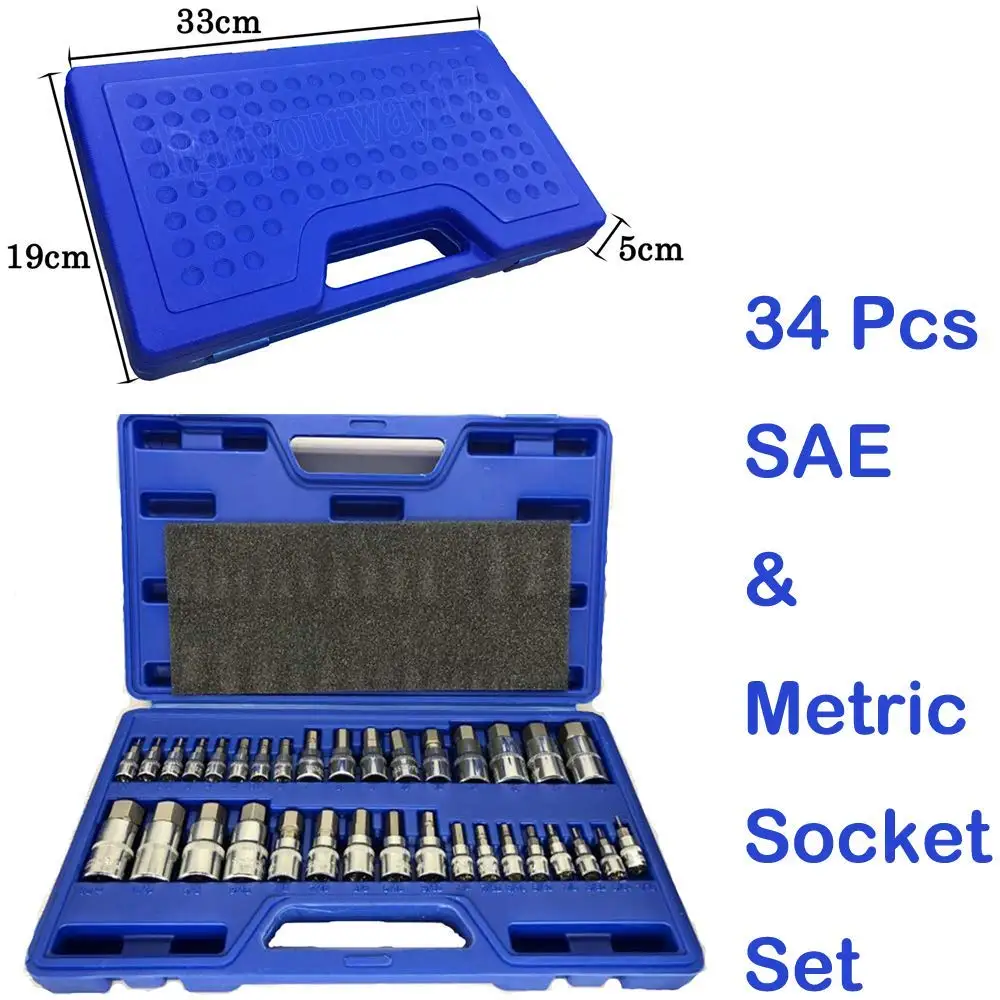 Master Hex Bit Socket Set 34Pcs SAE & Metric Socket Standard Allen 1/4" 3/8" 1/2"