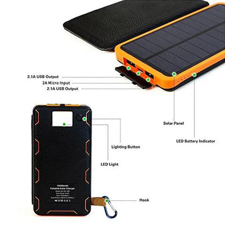 10000mAh power bank portable foldable dual USB solar panel battery charger with LED camping light