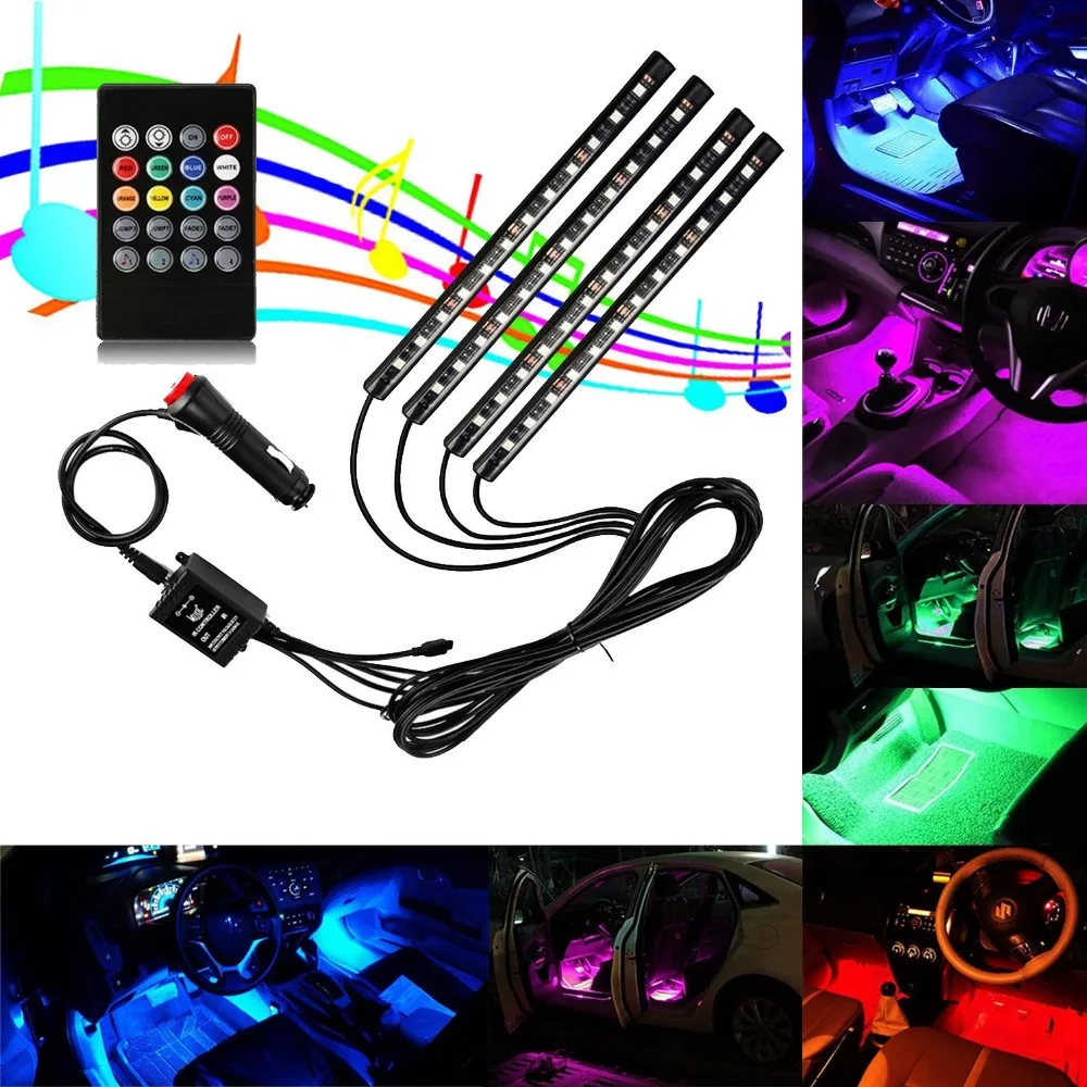 Music Sound Active Car Interior Rgb Led Strip Light 4pcs 48leds Dc12v Auto Atmosphere Light Underdash Lighting Strip Kit Buy Led Atmosphere