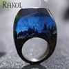 Magic night moon twilight snow mountain resin ebony wood ring jewelry