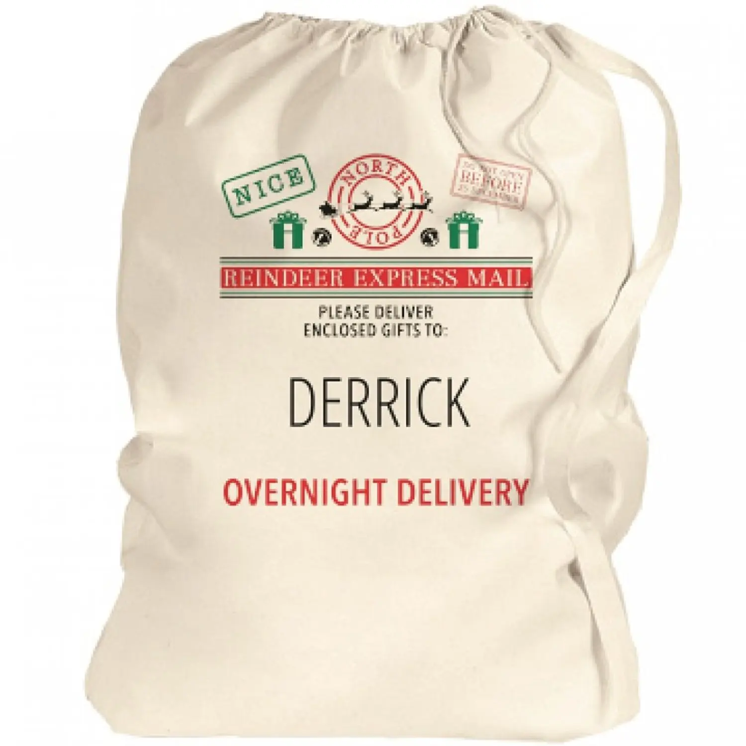 Santa Bag Overnight Xmas Delivery For Derrick: Canvas Laundry Bag