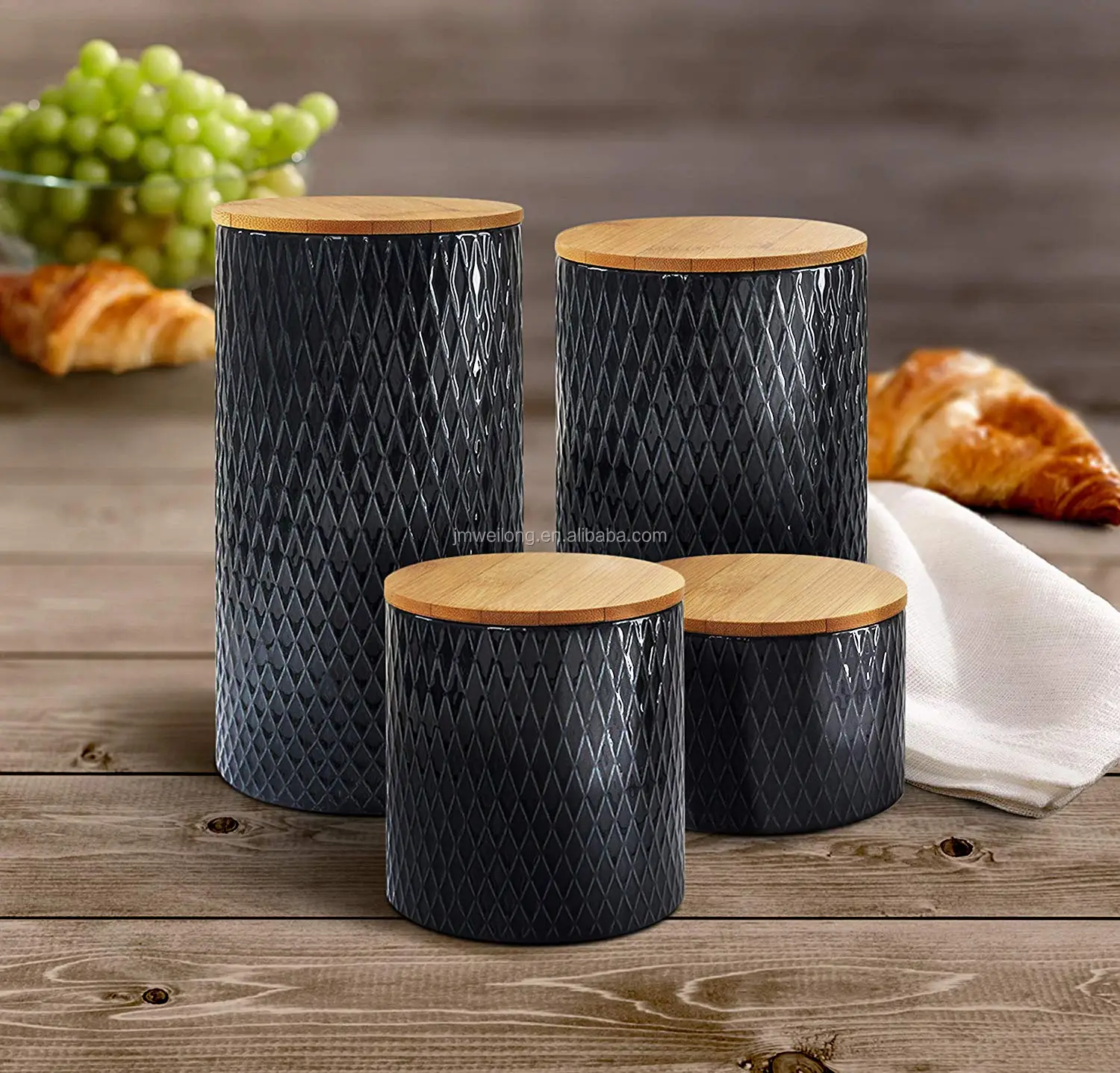 Black Round Set Of 4 Diamond Embossed Kitchen Metal Canister Pot