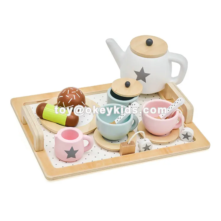 Most popular children afternoon wooden toy tea cup set with tray W10B318