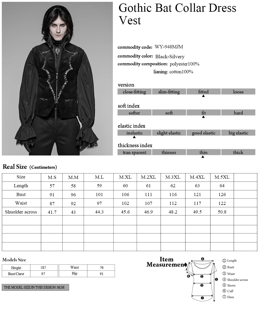 WY-948 Gothic Bat Collar Dress Vest fashion  fabric Vests men