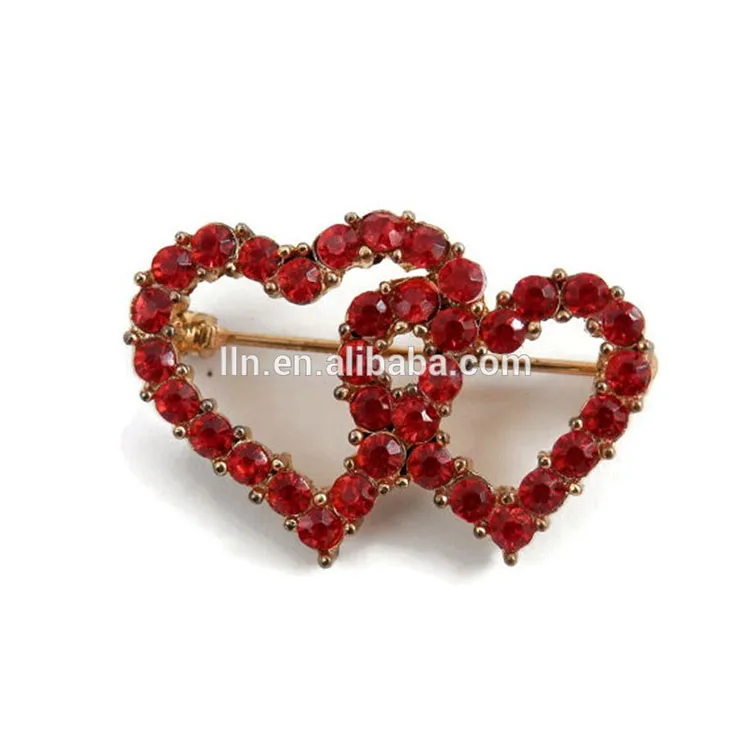 WLL Elegant Ruby Red Gray Rhinestone Shining Crystal Love Heart Brooch Pin