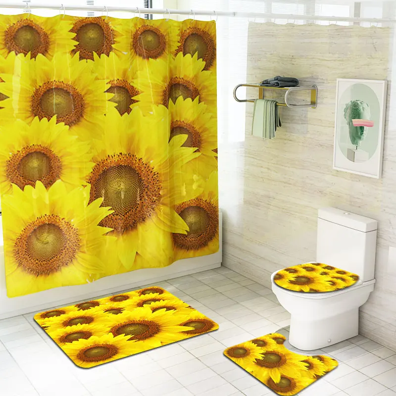 Sunflower Custom Print  Anti Slip Bath Mat and Shower Curtain Set