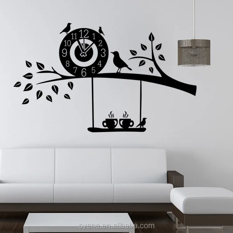 3d Art Custom Vinyl Wall Sticker Clock Flying Birds Tree Branch Wall