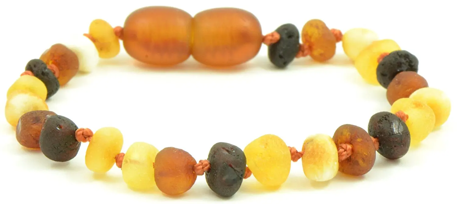 AmberJewelry Baltic Amber Teething Bracelet//Anklet Hand-Made from Certified Natural Olive Style Baltic Amber Beads Bracelet for Baby and Child 4.7 inch , Rainbow 12cm