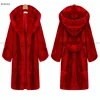 China Red Women Long Faux Fur Coat With Fur Trim and Hat