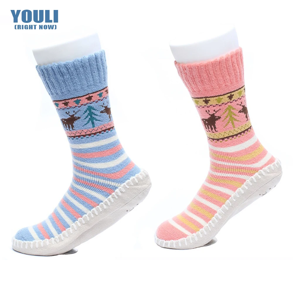 Women's Stripes Polyester Knitted Home Slipper Socks With Leather Sole