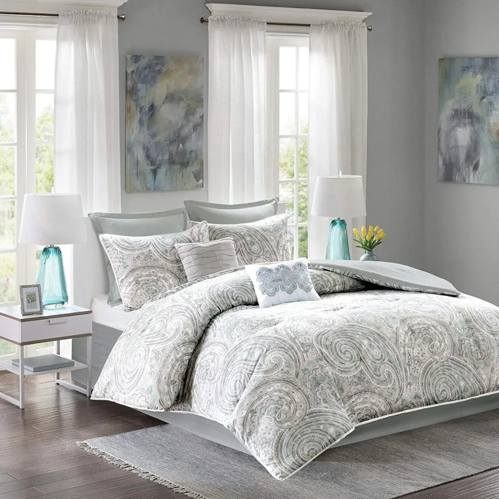Comforter Set Paisley Pattern Blue Grey Green California King