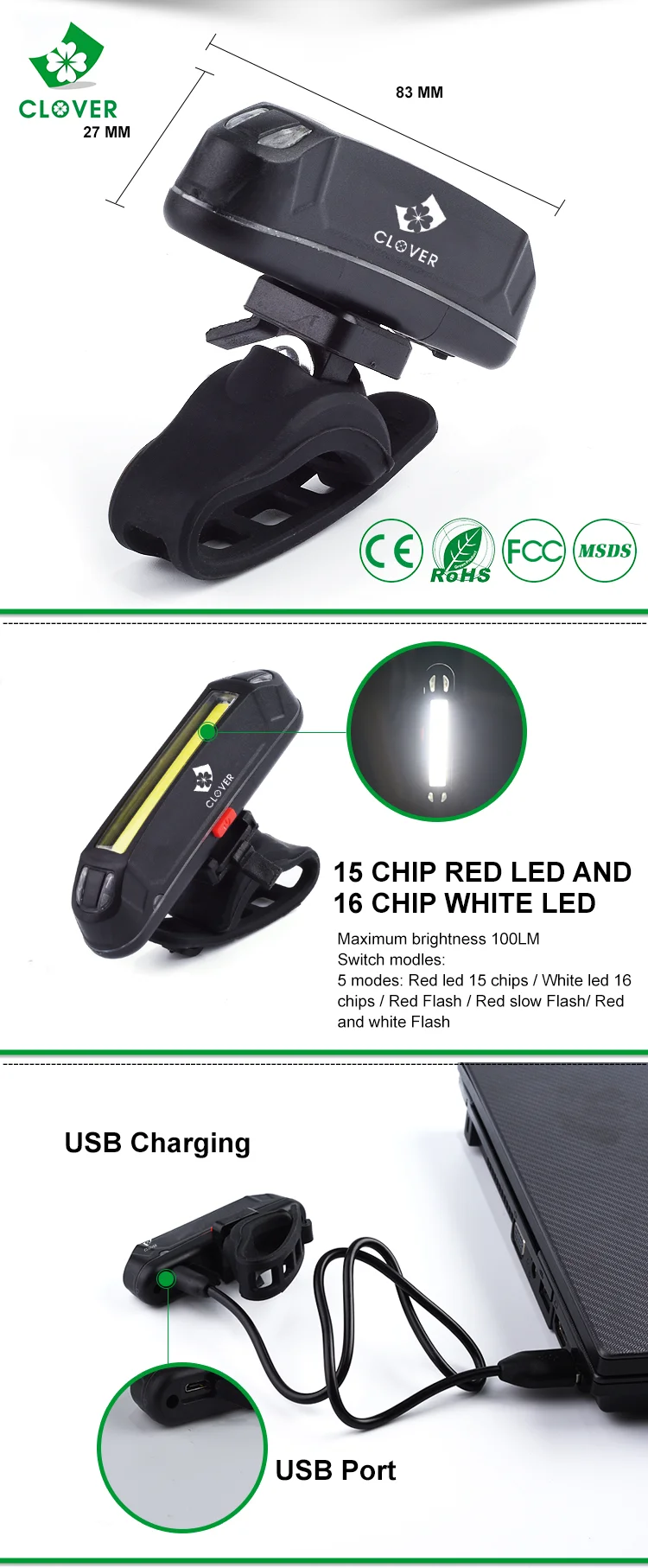 180 Degree Angle Adjustable high brightness bike tail lamp stvzo 120 lumen led USB rechargeable bike tail light