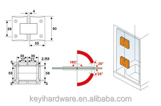 Bathroom Heavy Duty Glass Door Hinge Bevel Circinal Angle 180