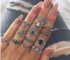 Bohemian Vintage Silver Carved Female Ring, Openwork Geometric Black Gemstone Ring 15 Piece Set