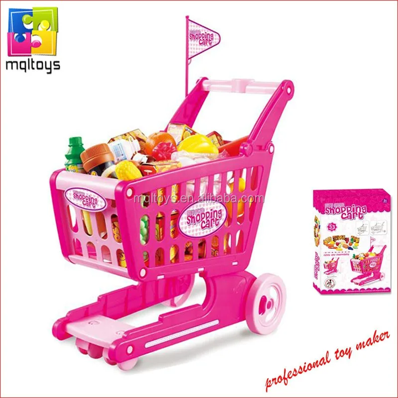 Pink Color 58.5cm Mini Shopping Cart With Full Grocery Food Toy For